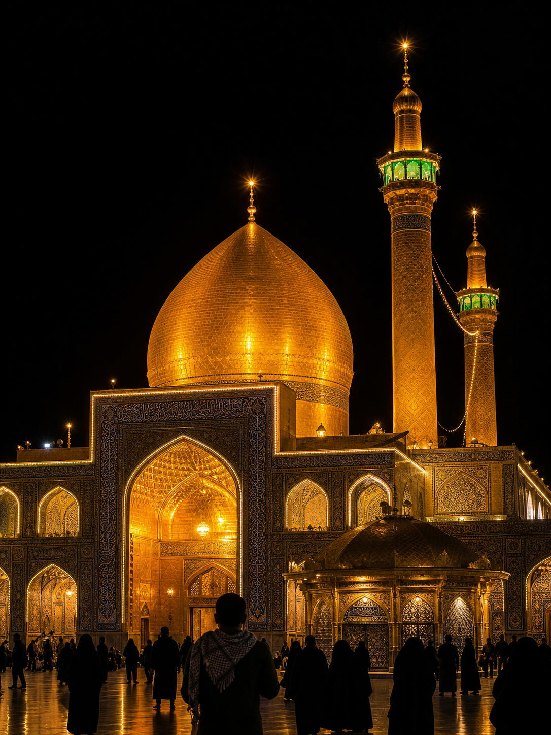 Golden-domed shrine illuminated at night with pilgrims below